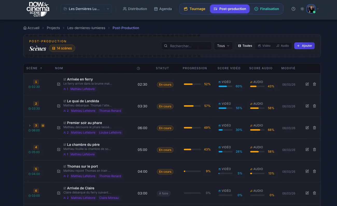 Outil de gestion de post-production développé pour Now Cinema : tableau des scènes avec avancement vidéo et audio